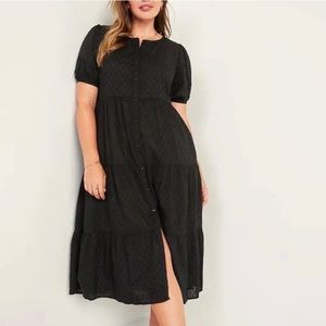 Old Navy Black Puff-Sleeve Clip-Dot Button-Front Swing Dress